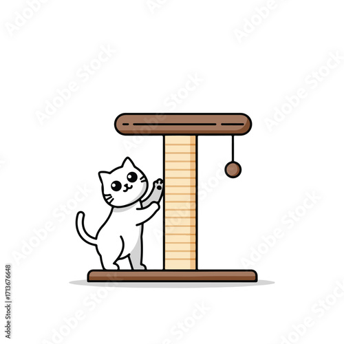 Cute white cat playing with brown scratching post toy, perfect for pet product advertisements, cat blogs, social media posts.