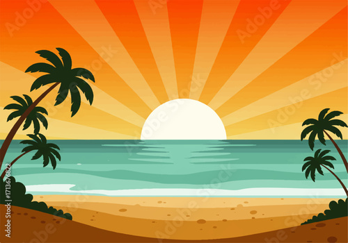 Tropical beach scene featuring a vibrant sunset over the ocean, with palm trees silhouetted against the bright sky.