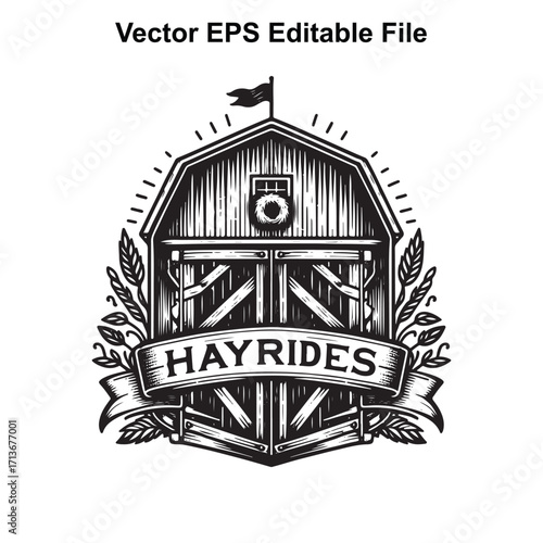 Vector art of vintage barn with hayrides text on banner