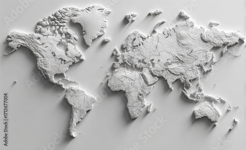 Embossed grayscale world map, subtly textured, exhibiting relief and shadow for depth
