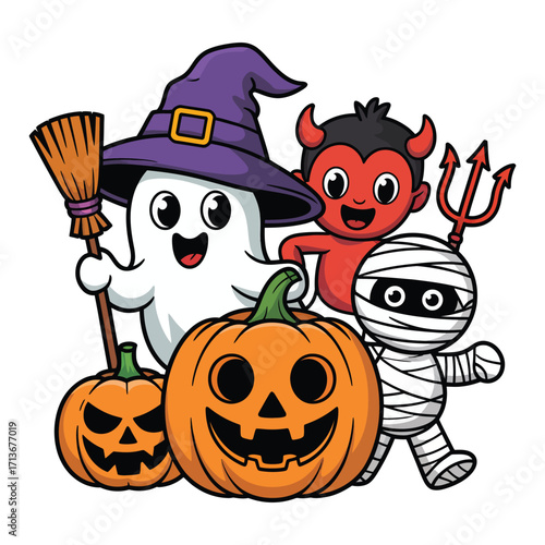 Vector art of halloween characters illustration witch, ghost, devil, mummy and pumpkin vector illustration