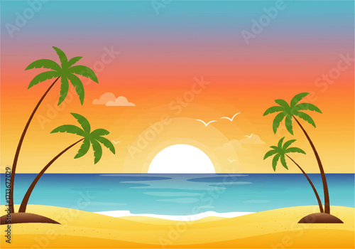 A vibrant illustration of a tropical beach at sunset, featuring palm trees, ocean waves, and birds in the sky.