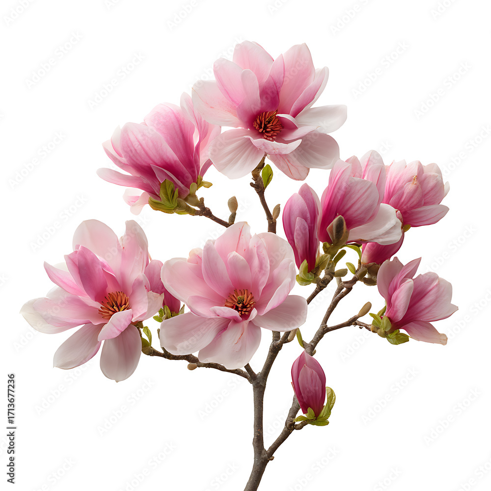 Obraz premium Delicate pink magnolia blossoms and buds on a slender branch showcasing their soft petals and elegant form isolated on white background
