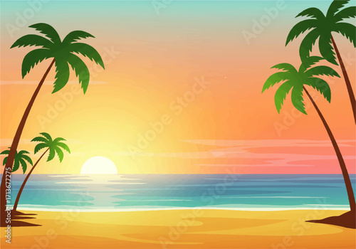 Tropical beach scene with palm trees silhouetted against a vibrant sunset over the ocean.