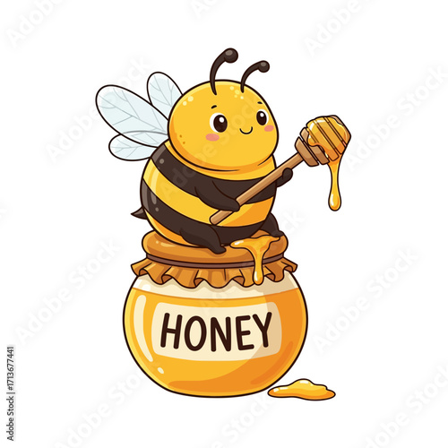 Adorable cartoon bee holding a honey dipper, sitting on a honey jar.