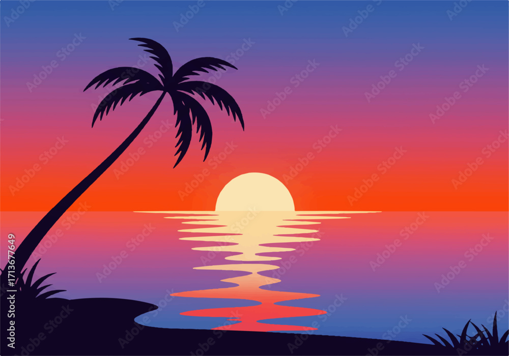 Naklejka premium Silhouette of a palm tree on a beach at sunset, with the sun reflecting on the water.