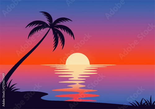 Silhouette of a palm tree on a beach at sunset, with the sun reflecting on the water.