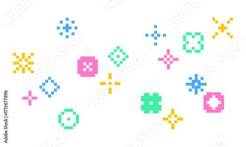 귀여운 픽셀 아트 이모티콘과 심볼이 흩뿌려진 패턴 배경 - Cute Pixel Art Emoticons and Symbols Scattered Pattern Background