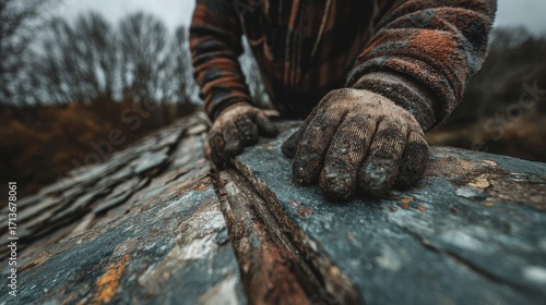 Close-up of construction worker’s gloved hands repairing old slate roof on cloudy day, showcasing manual labor, weathered materials, and outdoor craftsmanship in rural environment with autumn trees