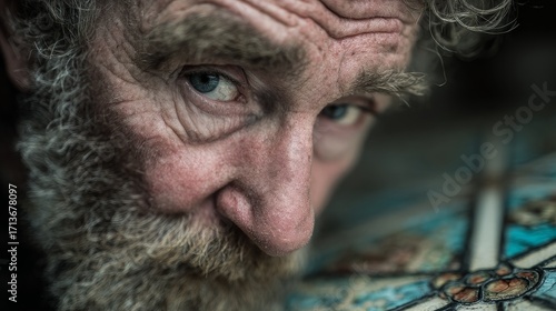Close-up portrait of elderly artisan with intense blue eyes beside stained glass artwork, capturing emotional depth, artistic dedication, and the intricate beauty of traditional glasscraft and handcra