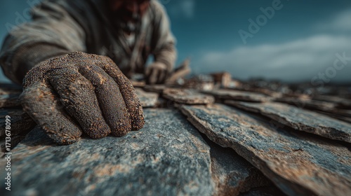 Close-up of craftsman’s muddy hand placing stone tiles on traditional rooftop under blue sky, capturing the physicality, precision, and time-honored techniques of manual slate roofing in rural constru