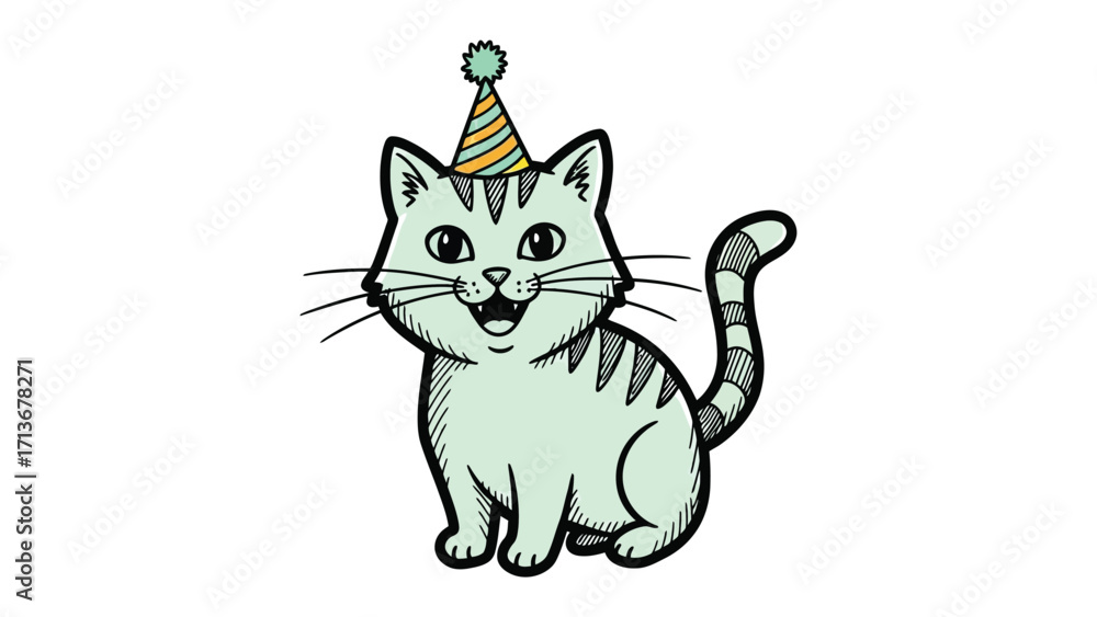 Obraz premium Festive Feline's Celebration: A charming cartoon cat wears a festive party hat, exuding pure joy and excitement with an animated illustration perfect for birthdays, parties, and celebrations.