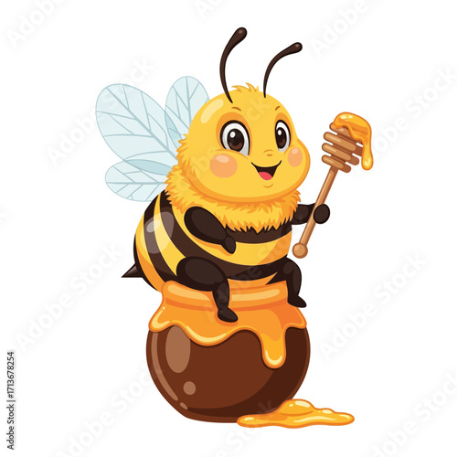 Adorable smiling cartoon bee with black stripes and fuzzy fur, sitting on a honey pot and holding a wooden dipper.