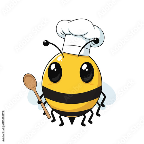 Cartoon Bee Chef with Chefs Hat and Wooden Spoon, Yellow and Black Stripes.