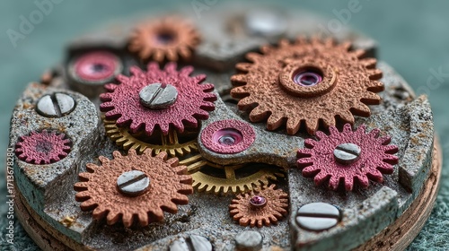 Close-up of colorful rusty gears and mechanical cogs inside an old watch mechanism, showcasing steampunk aesthetics, industrial textures, and intricate vintage engineering details on a worn surface