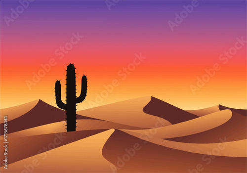 Silhouette of a saguaro cactus in a desert landscape with rolling sand dunes under a vibrant sunset sky.