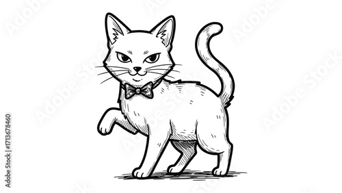 Elegant Cat Portrait: a charming cartoon cat, adorned with a classic bow tie, strikes a refined pose, exuding elegance and sophistication