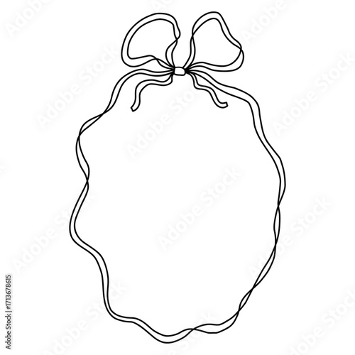 Playful black oval ribbon frame with a bow, made in the style of doodles and flirty hand drawing. Perfect for Christmas, Valentines Day or wedding themes. Vector whimsical illustration.