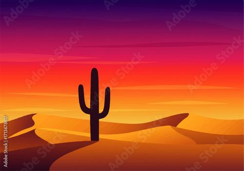 A lone saguaro cactus stands silhouetted against a vibrant sunset sky in a desert landscape with rolling sand dunes.