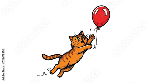 Dreamy Cat with Balloon: An orange tabby cat joyfully levitates with a bright red balloon, the playful cartoon image is a symbol of childhood, fantasy, and simple happiness