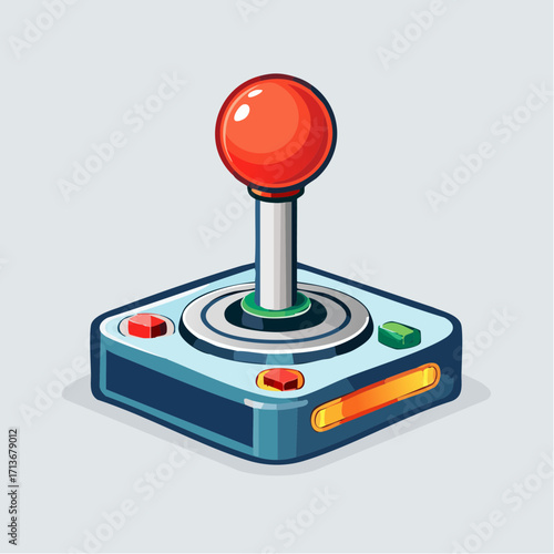 A stylized illustration of a classic arcade joystick with buttons and a glowing light.