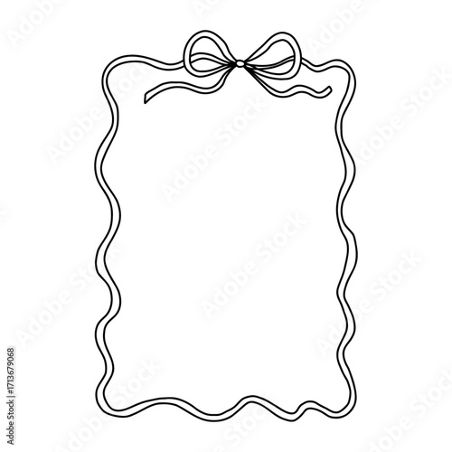 Whimsical coquette ribbon frame with bow, wavy lines, and elegant outline. Perfect for Valentines Day, wedding invitations, romantic cards, scrapbooking, feminine decorative vector design projects.