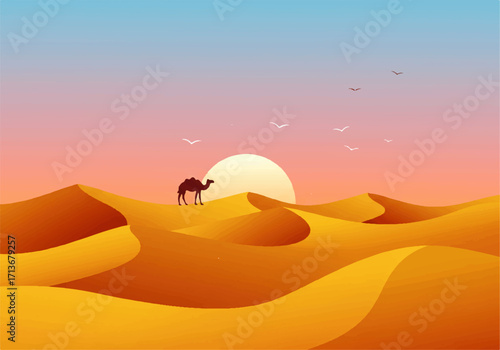 A camel walks across golden sand dunes in a desert landscape as the sun sets, with birds flying in the sky.