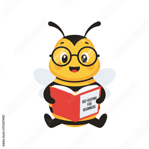 Intelligent cartoon bee character wearing glasses, sitting and reading a Bee-Keeping for Beginners book.