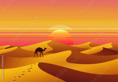 Silhouette of a camel walking across sand dunes in a desert landscape at sunset with a bright sun.