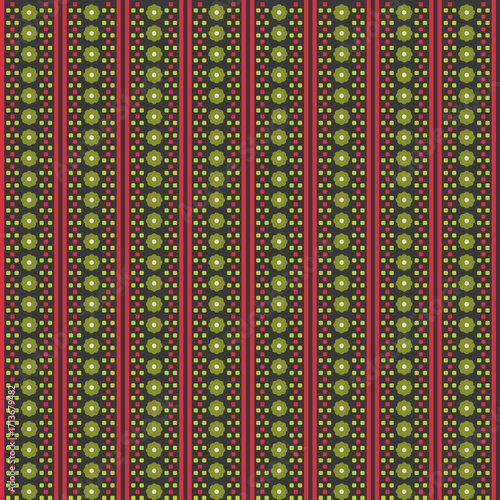 Vintage pattern of flower and bold vertical in red and green on black background. Pattern seamless vector. Concept of geometric, abstract, dots, stripes for tiles, cover, wrapping paper, decoration.