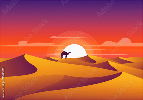 A stylized illustration of a camel standing on a sand dune in a desert landscape at sunset, with a bright sun and colorful sky.
