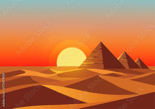 Illustration of the Egyptian pyramids at sunset, with the sun setting behind the structures over a sandy desert landscape.