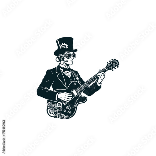 Vintage engraving style illustration of a Steampunk musician or gentleman in a top hat and goggles, playing an electric guitar decorated with mechanical gears