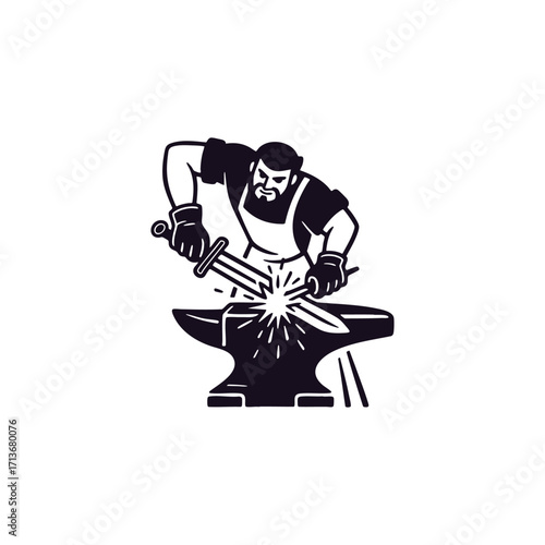 engraving style illustration of a bearded blacksmith forging a sword on an anvil with sparks flying