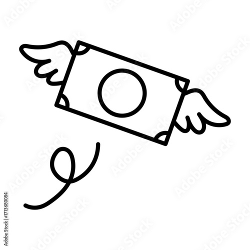 羽付きお金の線画アイコンイラスト