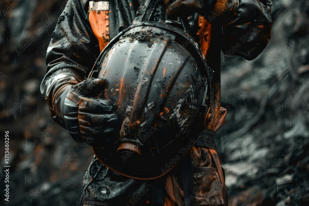 Fototapeta premium Miner holding muddy helmet in the rain after work