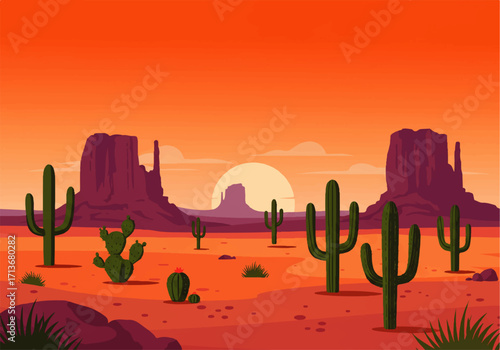 A stylized desert landscape featuring saguaro cacti, mesas, and a setting sun under an orange sky.