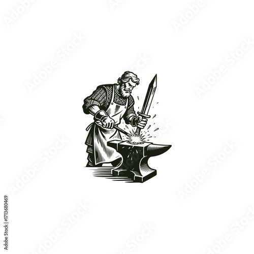 engraving style illustration of a bearded blacksmith forging a sword on an anvil with sparks flying