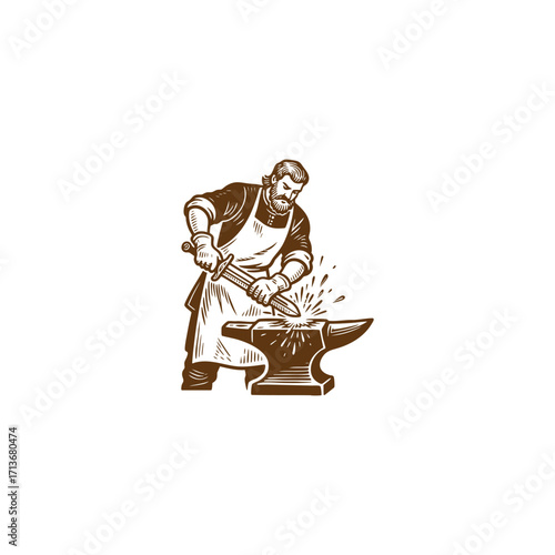 engraving style illustration of a bearded blacksmith forging a sword on an anvil with sparks flying