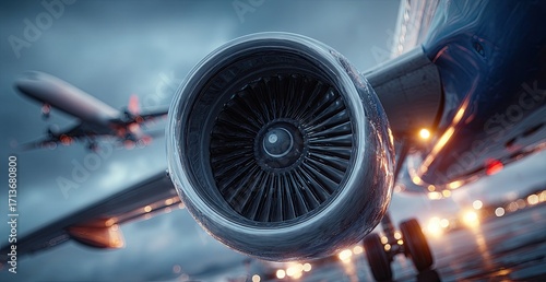 Close-up of a powerful turbofan engine on a passenger jet, preparing for takeoff on a dramatic, overcast day.  Another aircraft is visible in the background