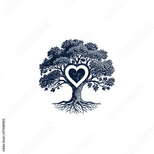 illustration of a lush tree with thick trunk and exposed roots, enclosed within a white heart shape. vector template