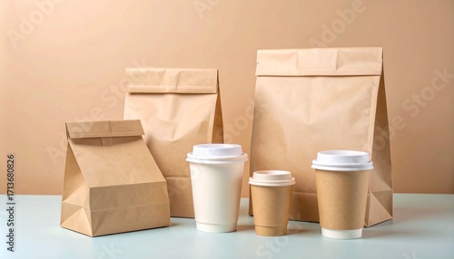 Stylish take-out packaging: brown paper bags and cups of coffee for eco-conscious consumption,Sustainable food delivery concept: coffee cups and paper bags for modern lifestyles