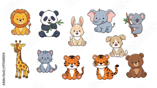 Adorable Animal Collection: A charming collection of adorable baby animal illustrations featuring a diverse array of cute creatures, designed with a playful, eye-catching style. 
