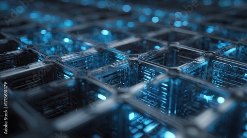Abstract Blue Grid - Luminous Nodes and Interconnected Network, Futuristic Technology.