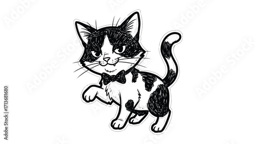 Whimsical Cat with Bow Tie: A charming, hand-drawn illustration of a cute cat, playfully adorned with a stylish bow tie, exuding a sense of joy and personality, ready to brighten any project.