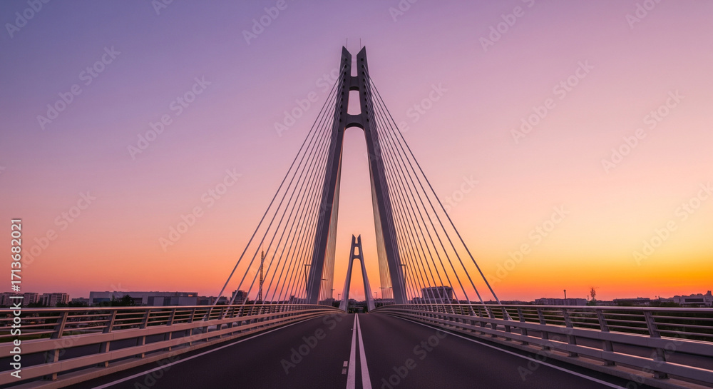 Obraz premium Symmetrical futuristic bridge architecture captured at sunset with soft pastel sky and large copy space background