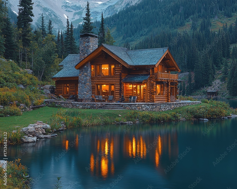 Fototapeta premium Luxurious log cabin nestled beside a serene lake at twilight, surrounded by towering mountains