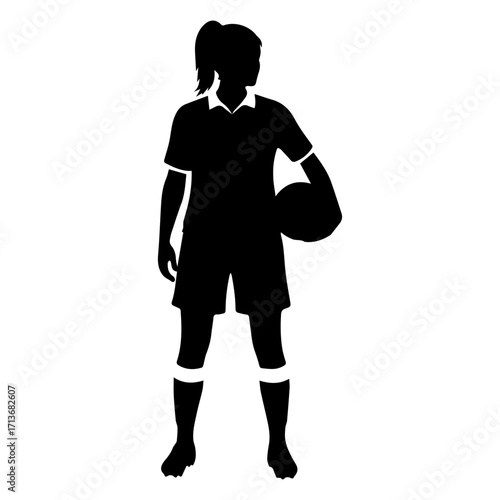 Silhouette of a female soccer player standing with a ball under arm