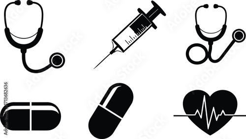 Black and white vector medical icons with stethoscopes, syringes, capsules, and heart with ECG heartbeat line