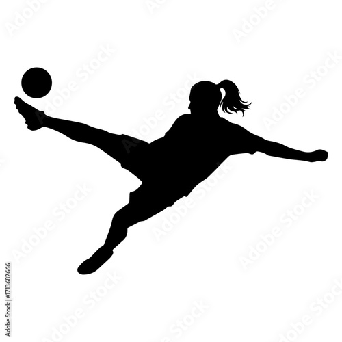 Silhouette of a female soccer player performing a volley kick